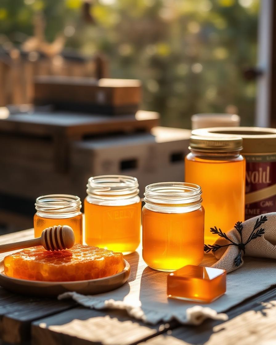 Jars of raw honey from Busy Bee's apiary