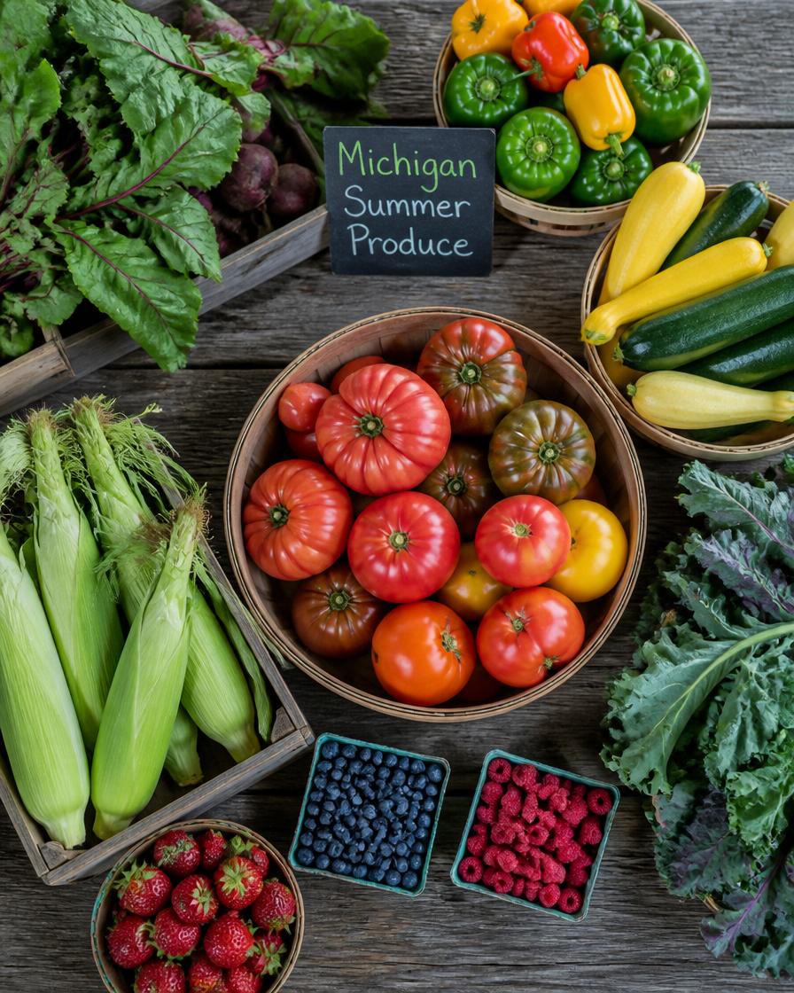 Fresh farm produce on a weathered wood table