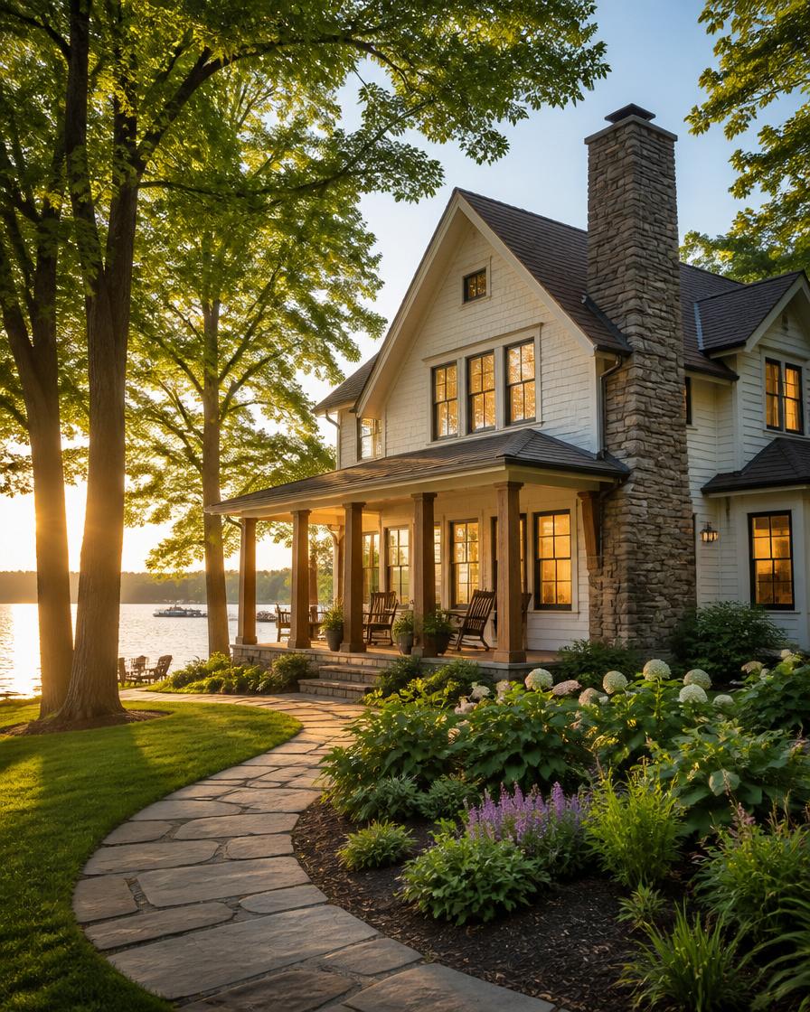 Premium Michigan lake home exterior at golden hour